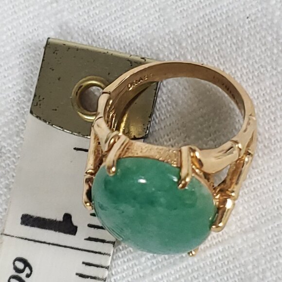 Beautiful Vintage Unique Polished Brass Bamboo Cardinal Oval Jade Stone Ring - Picture 7 of 7